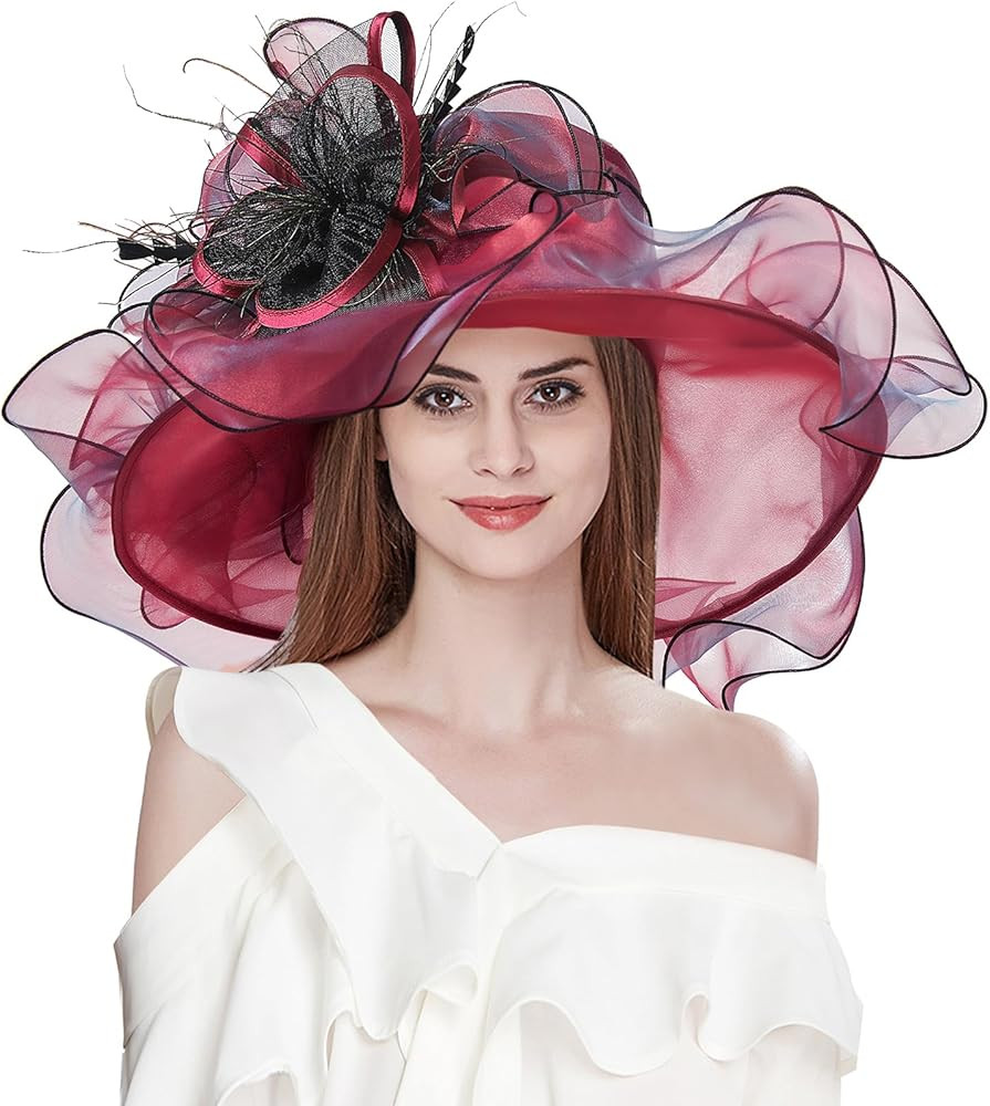 Z&X Women Organza Church Derby Hat Wide Brim Sun Hats for Wedding Tea Party Fascinator Hat, Dual-... | Amazon (US)
