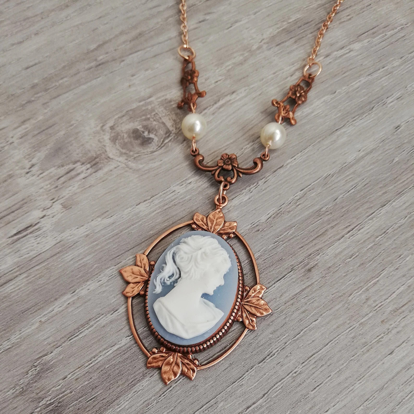 Victorian Cameo Necklace With Floral Accents, Victorian Light Blue Lady Cameo Necklace, Rose Gold... | Etsy (US)