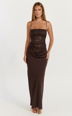 Rania Maxi Dress - Contrast Lace Bodice Bias Cowl Drop Waist Dress in Chocolate | Showpo (US, UK & Europe)