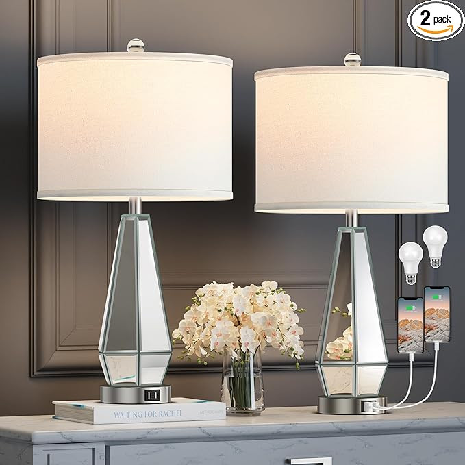Hamucd Set of 2 Mirrored Glass Bedside Table Lamps with 2 USB Ports for Bedrooms Modern Side Nigh... | Amazon (US)