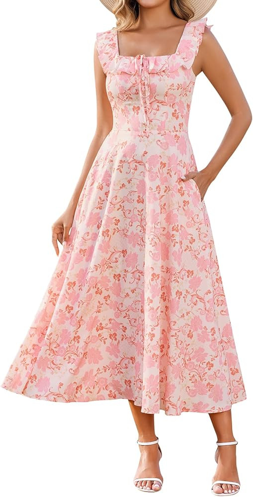 Parthea Women's Elegant Floral Square Neck Midi Dress Ruffled A line Flowy Casual Sundress with P... | Amazon (US)