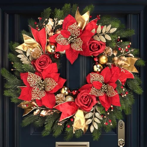 Christmas Wreaths for Front Door,24in Winter Wreaths for Indoor and Outdoor Christmas Decorations,Christmas Door Wreath with Red Christmas Flowers and Golden Ball,Pine Cones,Leaves for Christmas Decor | Amazon (US)