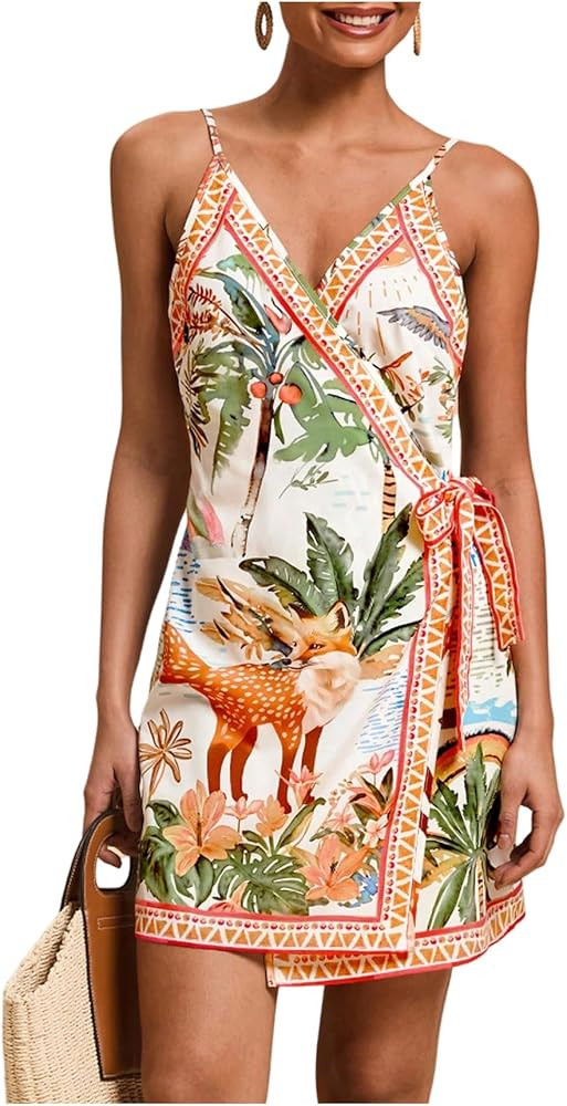 RoseSeek Women's Tropical Print Cami Dress Sleeveless Wrap V Neck Tie Knot Boho Short Dresses | Amazon (US)