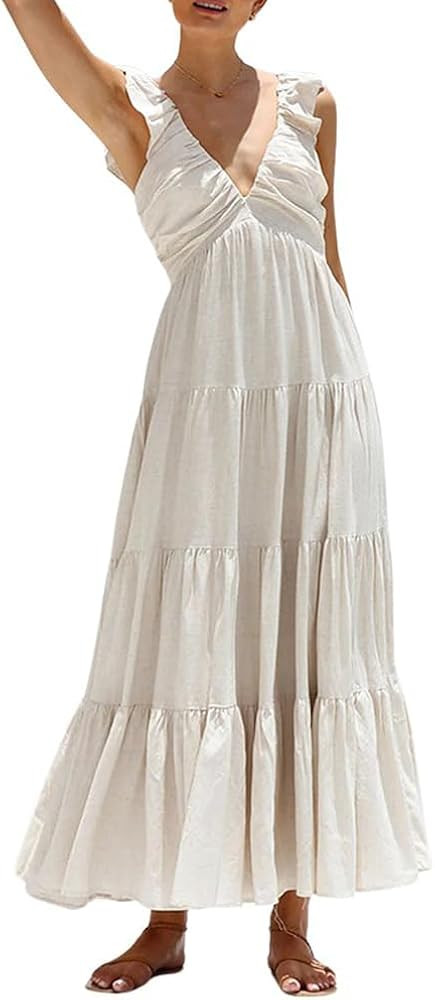 chouyatou Women's Summer Spaghetti Strap Maxi Dress Sexy V-Neck Shirred Tiered Tunic Beach Dress | Amazon (US)