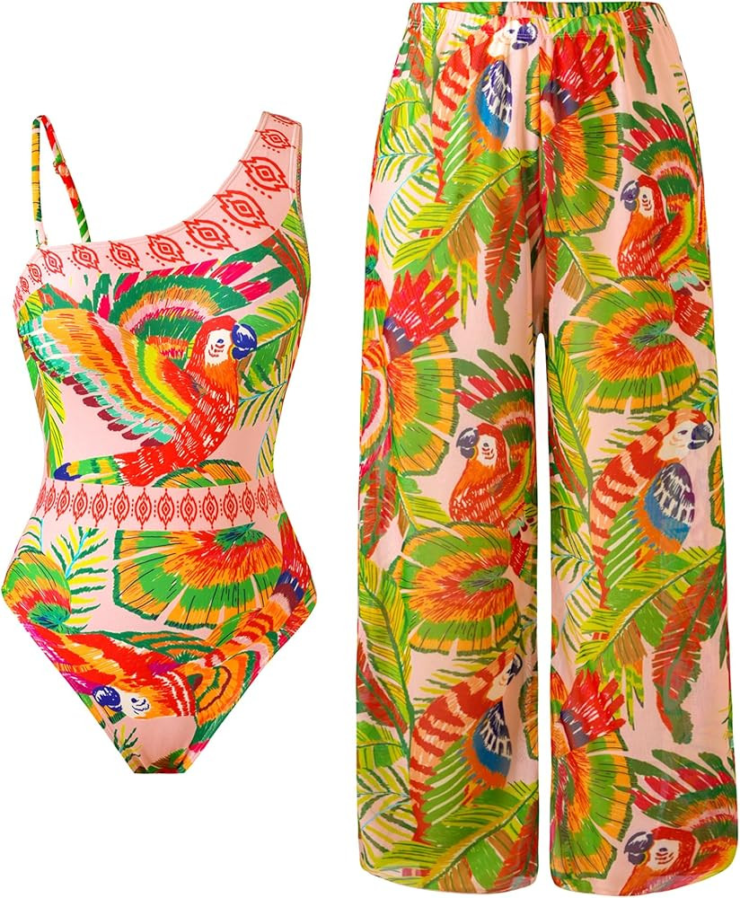 Women’s One Piece Swimsuit with Cover Up Set, One Shoulder Two Piece Bathing Suits with Wrap Sk... | Amazon (US)
