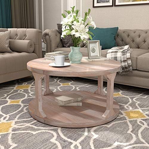 Round Coffee Table with Dusty Wax Coating, Rustic Wood Coffee Table for Living Room Home, White W... | Amazon (US)