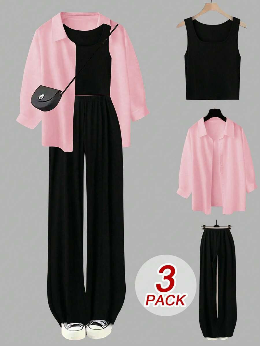 Flirla Plus Size 3 Pieces Set: Cami Top, Wide Leg Pants, Color Block White Shirt, Casual Loungewe... | SHEIN