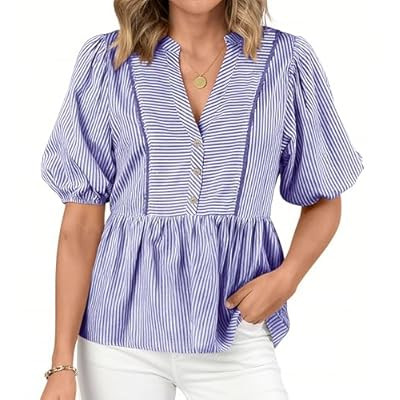dowerme Womens Summer Tops 2026 Fashion Lantern Short Sleeve V Neck Butto… | Amazon (US)
