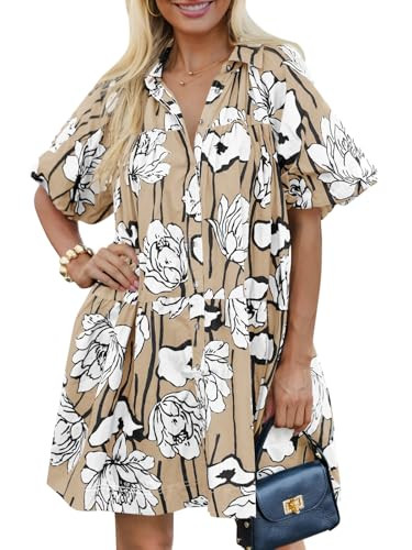 Wenrine Women's Summer Button Down Shirt Dress Floral Puff Short Sleeve Casual Loose Fit Beach Mi... | Amazon (US)