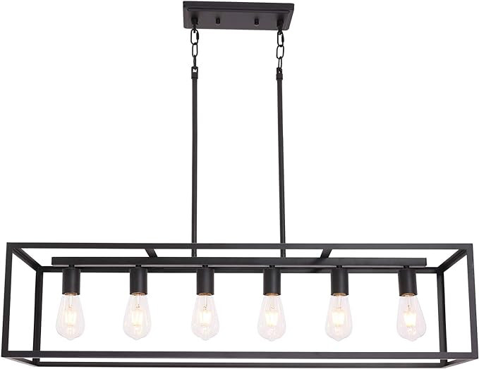 VINLUZ Rectangular Metal Chandelier.6 Light Black Linear Industrial Pendant Lights Cage Island Ce... | Amazon (US)