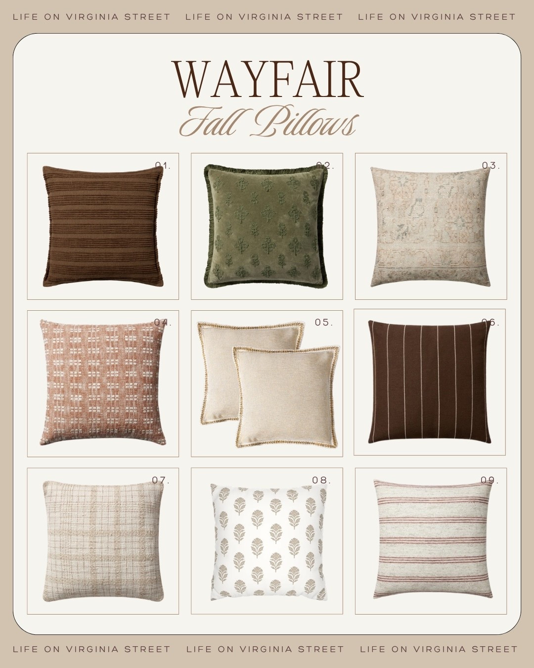Wayfair Fall Pillows! 😍

Wayfair fall pillows, Wayfair fall throw pillows, Wayfair fall pillow covers, fall pillows, fall throw pillows, fall pillow covers, autumn pillows, autumn throw pillows, decorative throw pillows, seasonal throw pillows, fall couch pillows, fall sofa pillows, fall accent pillows, fall living room decor, fall home decor, fall decor, fall home finds, fall decorating ideas, fall living room ideas, pumpkin pillows, fall floral pillows, fall leaf pillows, plaid pillows, striped pillows, embroidered pillows, velvet pillows, linen pillows, textured pillows, lumbar pillows, neutral fall pillows, brown throw pillows, rust throw pillows, burgundy pillows, olive green pillows, mustard pillows, cream pillows, Thanksgiving pillows, harvest pillows, cozy fall decor, affordable fall decor, Wayfair home finds

#LTKHome #LTKSeasonal
