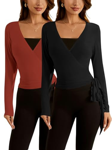 SweatyRocks Women's Pilates Outfits Wrap Tops Ballet Yoga Coquette Shirt Cute Long Sleeve Workout Activewear Rust and Black X-Large | Amazon (US)