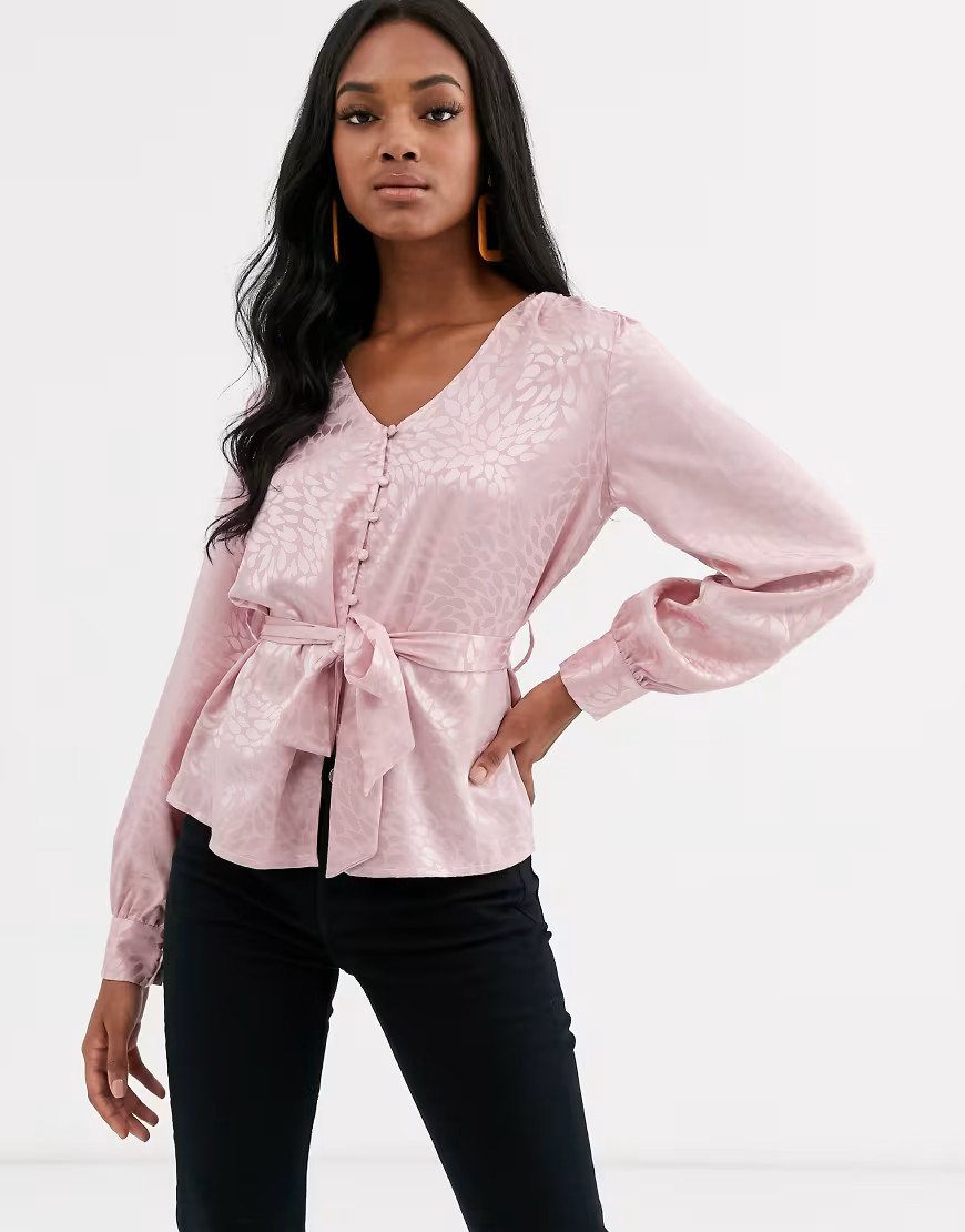 Y.A.S satin tie waist long sleeve shirt-Pink | ASOS (Global)