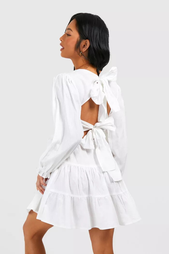Petite Linen Look Tiered Smock Dress | boohoo (US & Canada)