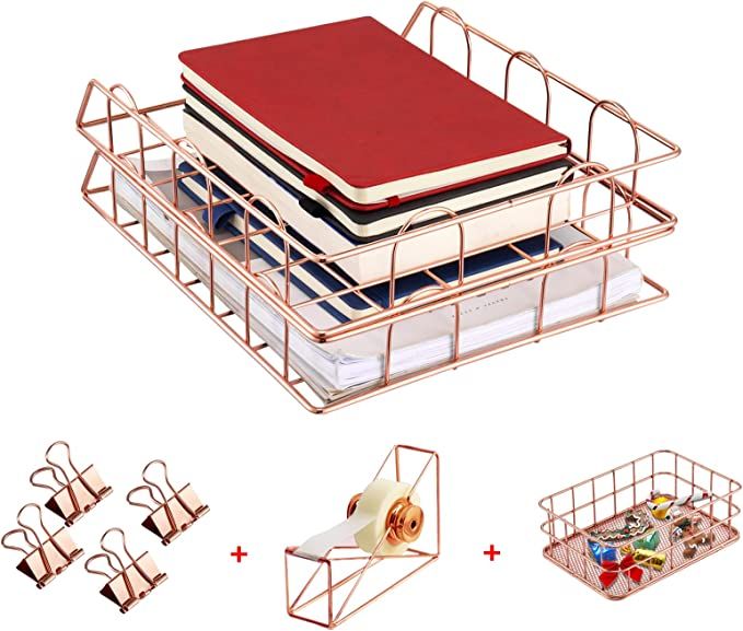 Fameskey Rose Gold Desk Organizer - 5 Piece Metal Mesh Desktop Accessories Set - File Holder Tray... | Amazon (US)