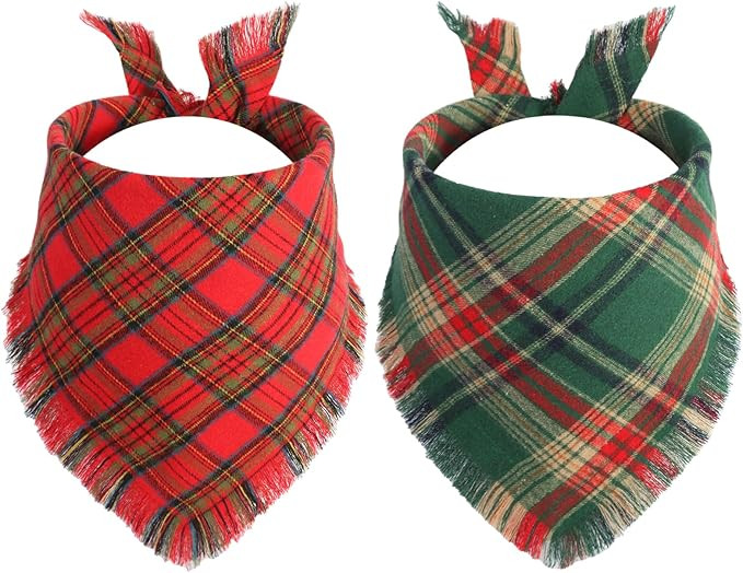 Christmas Dog Bandanas 2PCS-XLarge, Red Green Plaid Scarf with Tassels Edges, Reversible Triangle... | Amazon (US)