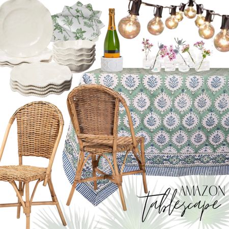 Amazon Tablescape. How cute are these Amazon finds? 

Amazon rattan chairs. Amazon plates. Amazon champagne holder. Amazon fabric napkins. Block print napkins. Green napkins. Block print tablecloth. Amazon table cloth. Outside patio lights. Flower vase. Affordable tablescape. 

#LTKunder50 #LTKhome #LTKstyletip