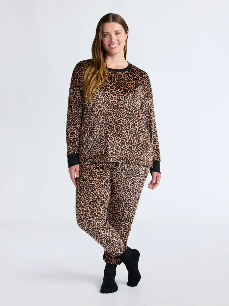 Joyspun Women’s Stretch Velour Long Sleeve Top, Pants, and Socks Pajama Set, 3-Piece, Sizes XS-... | Walmart (US)
