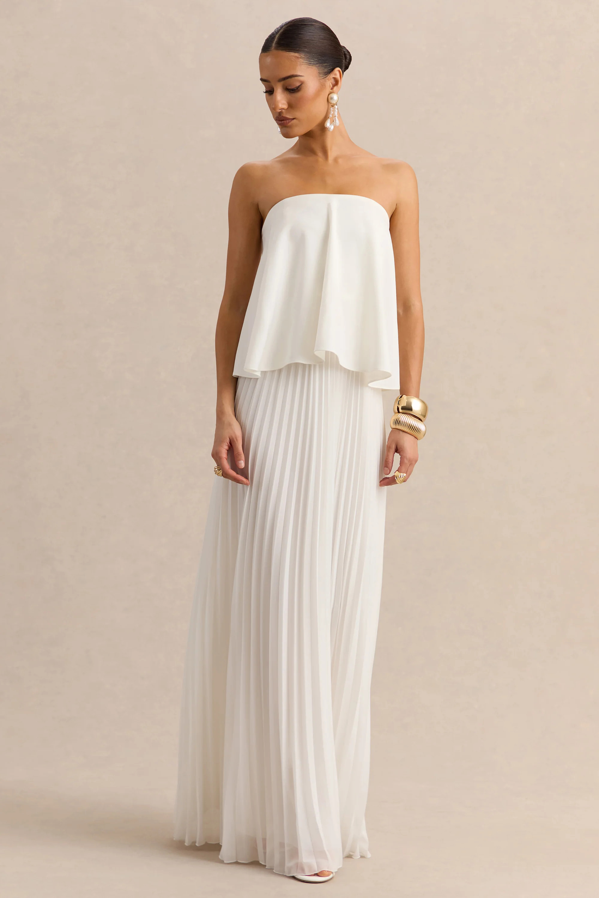 Saralyn | White Bandeau Maxi Dress With Pleated-Skirt | Club L London