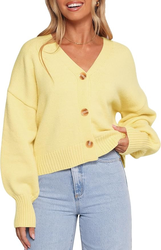 Balimtoy Womens V Neck Cropped Cardigan Casual Lightweight Lantern Long Sleeve Button Down Spring... | Amazon (US)