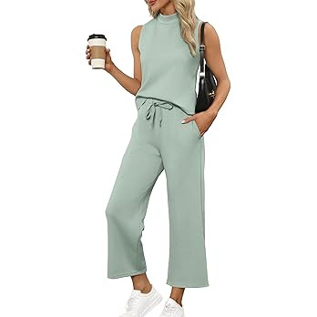 SAMPEEL Two Piece Sets for Women Summer Outfits Lounge Sets Mock Neck Tops Wide Leg Crop Pants Va... | Amazon (US)