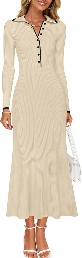 ZESICA Women's Long Sleeve Sweater Dress 2026 Fall V Neck Ribbed Knit Casual Formal Cocktail Body... | Amazon (US)