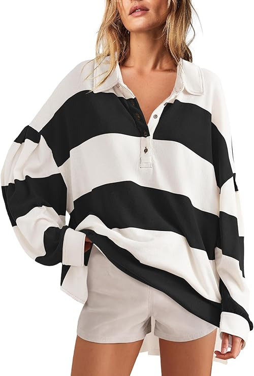 Panadila Womens Long Sleeve Striped Shirt Oversized Polo Shirts Casual V Neck T Shirt Loose Fit T... | Amazon (US)
