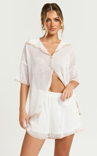 Brylee Two Piece Set - Trim Knit Short Set in White/Tan | Showpo (ANZ)