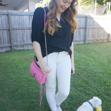 Black and white for the office with black blouse, white skinny jeans and a pop of pink with my little Rebecca Minkoff mini MAC bag 💕 And another  appearance of our recently adopted puppy, who has made me realise white jeans are not the best choice right now 😅

#LTKaustralia #LTKitbag #LTKworkwear