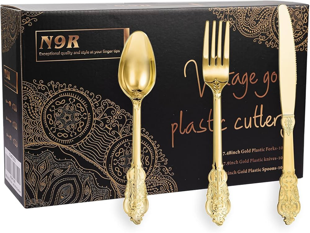 N9R 300pcs Gold Plastic Silverware Dinnerware Flatware- Heavyweight Plastic Cutlery Set, 100 Fork... | Amazon (US)