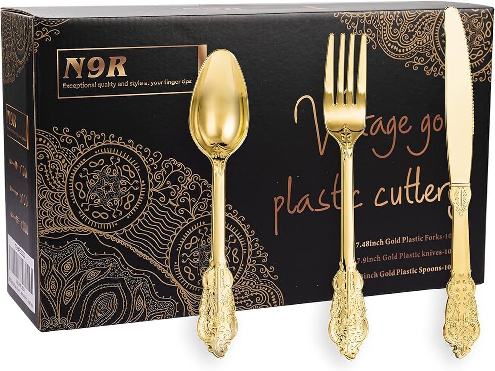 N9R 300pcs Gold Plastic Silverware Dinnerware Flatware- Heavyweight Gold Plastic Cutlery Set, 100... | Amazon (US)