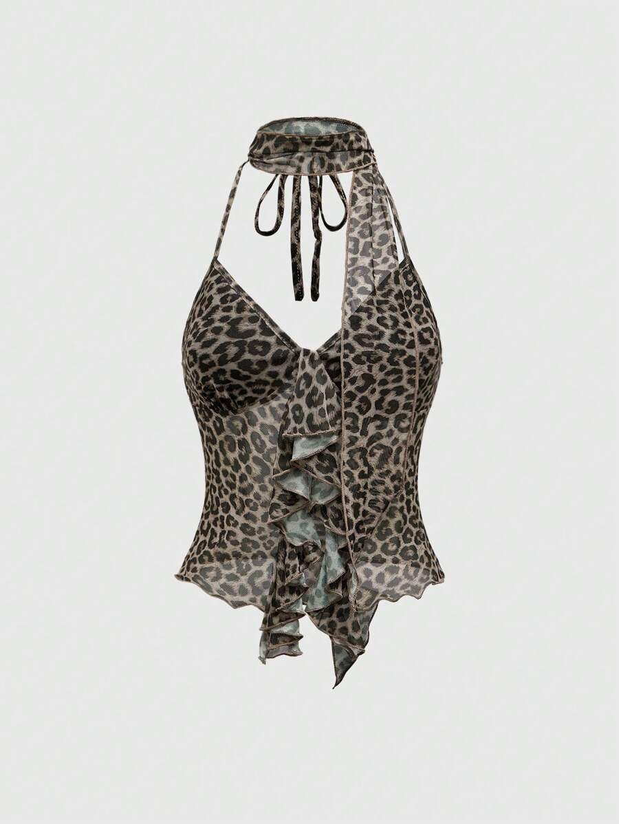 ROMWE Grunge Punk Gyaru Sexy Leopard Print Mesh Allover Print Halter Top With Ruffle Design For W... | SHEIN
