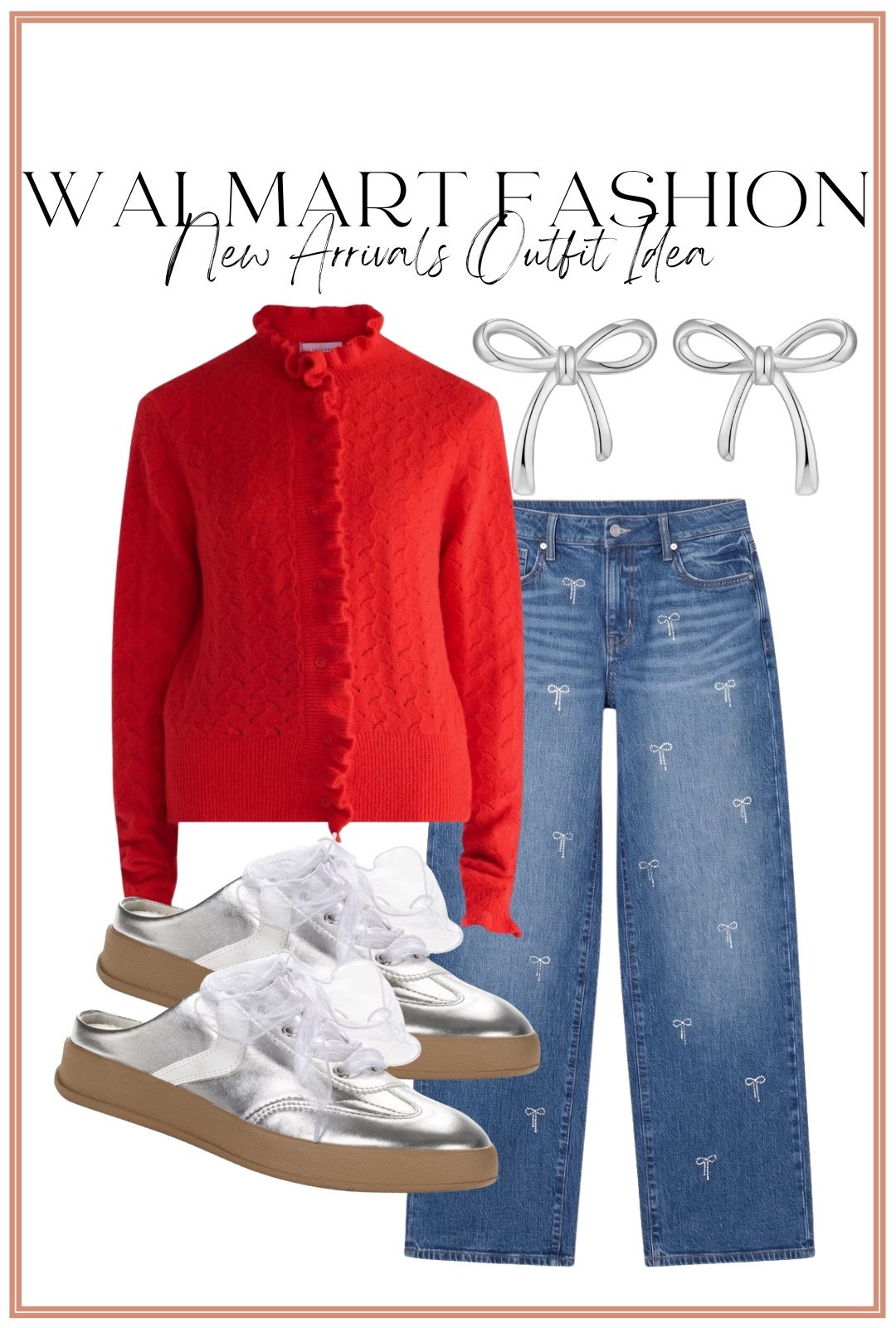 BOWS + RED?! This new Walmart fashion outfit is TOO cute! 😍🎀 The red ruffle cardigan is adorable on its own, but paired with these bow-detail jeans?! OBSESSED. Add the silver bow earrings and metallic sneakers with sheer ribbon laces for the cutest casual outfit with so many fun feminine details. These Walmart new arrivals are going to be hard to resist! ❤️✨

#WalmartFashion #WalmartFinds #WalmartNewArrivals #WalmartStyle #WalmartOutfit #BowTrend #BowJeans #RedCardigan #AffordableFashion #CasualStyle #WomensFashion #FashionFinds

#LTKootd #LTKPetite