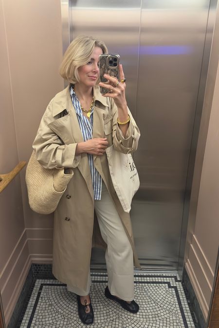 Spring outfit 
Trench coat
Striped shirt 
White wide jeans 

#LTKeurope #LTKstyletip #LTKuk