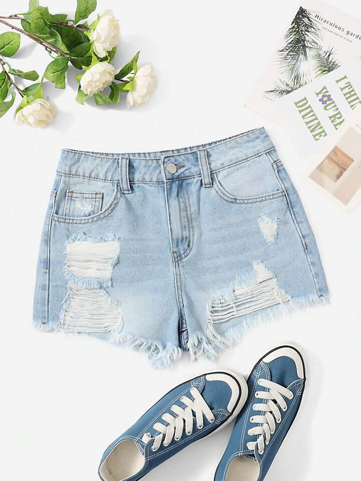 SHEIN EZwear Plus Ripped Raw Hem Denim Shorts | SHEIN
