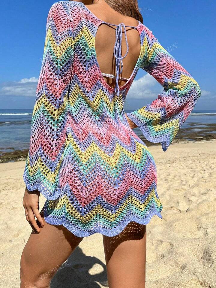 Women's Sexy V-Neck Crochet Colorful Bohemian Bell Sleeve Backless Bodycon Mini Dress | SHEIN