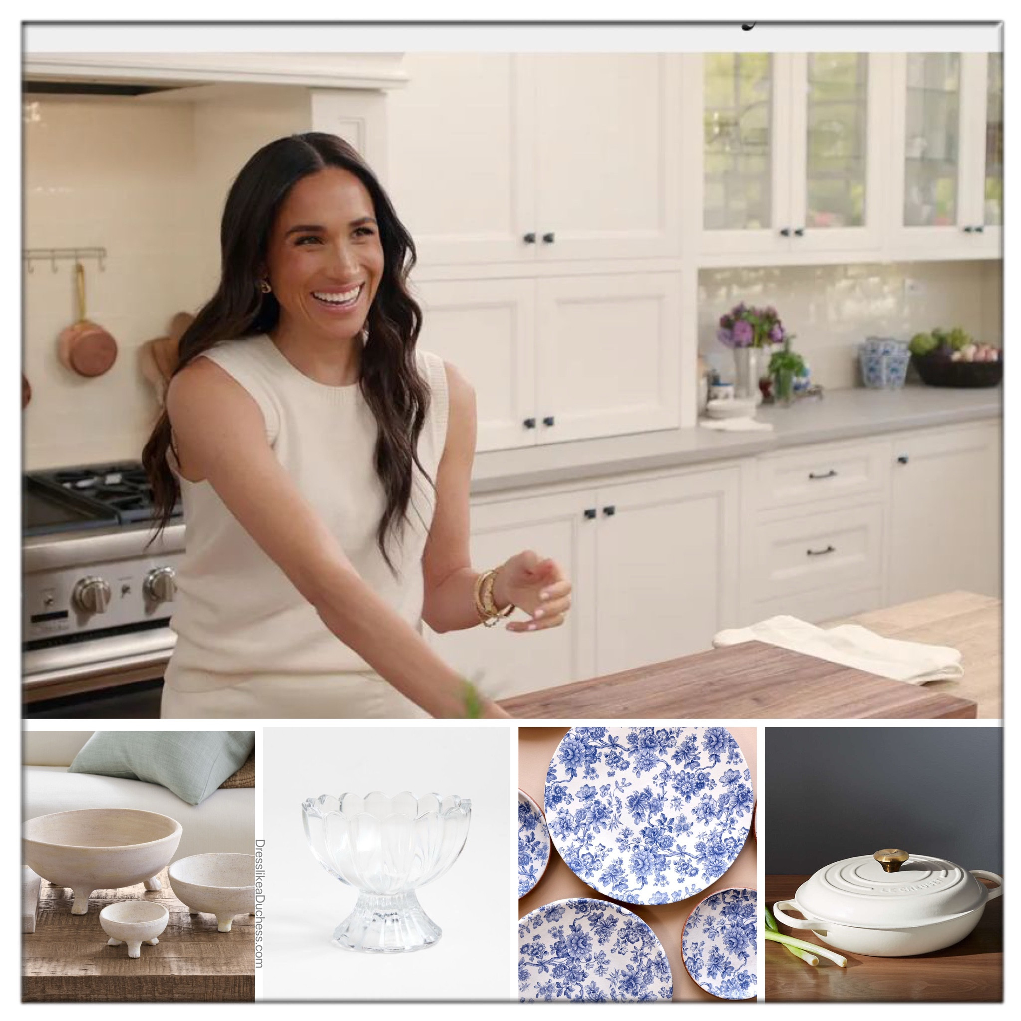 Meghan Markle home cookware products believed to be in her new series “With Love, Meghan” (thanks Pearl) 
*Blue peony Plates from Earth Elements 
*Crate and barrel tulip ice cream bowls 
* Le Creuset Signature Enameled Cast Iron Braiser
* White Ceramic Berry & Veggie Colander from probably Abbott Collection
*Pottery Barn rustic artisan footed bowls (hummus) 
*Aster de Vilate Adelaide Salad bowl 

#LTKWatchNow