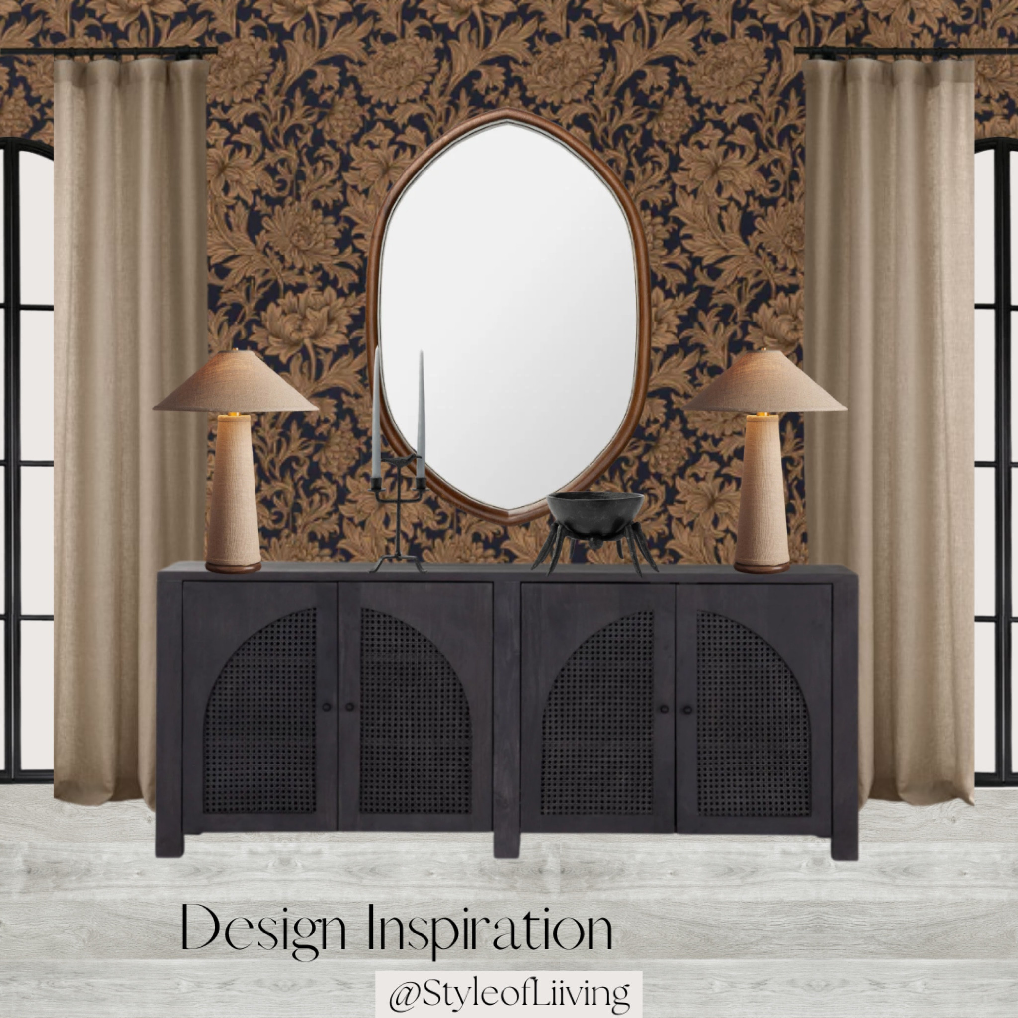 Sideboard styling. Arched cane panels wood sideboard buffet. Floral motif wallpaper, table lamps, wall mirror, cast iron spider decorative bowl and crow candle holder, curtains. Halloween home decor.

#LTKStyleTip #LTKSeasonal #LTKHome
