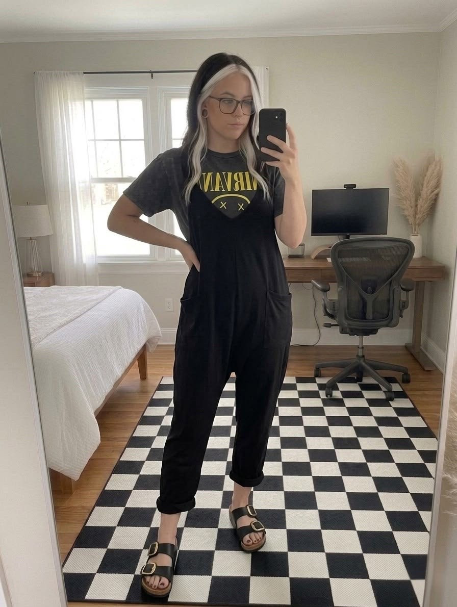 The ultimate comfy-chic, effortless everyday look! Layered a graphic band tee under a relaxed black jumpsuit, paired with chunky buckle sandals for an edgy, casual vibe. Perfect for running errands, working from home, or casual hangouts.

#LTKootd #LTKSeasonal #LTKMidsize