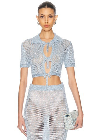 AREA Sequin Crochet Short Sleeved Cardigan in Baby Blue | FWRD 