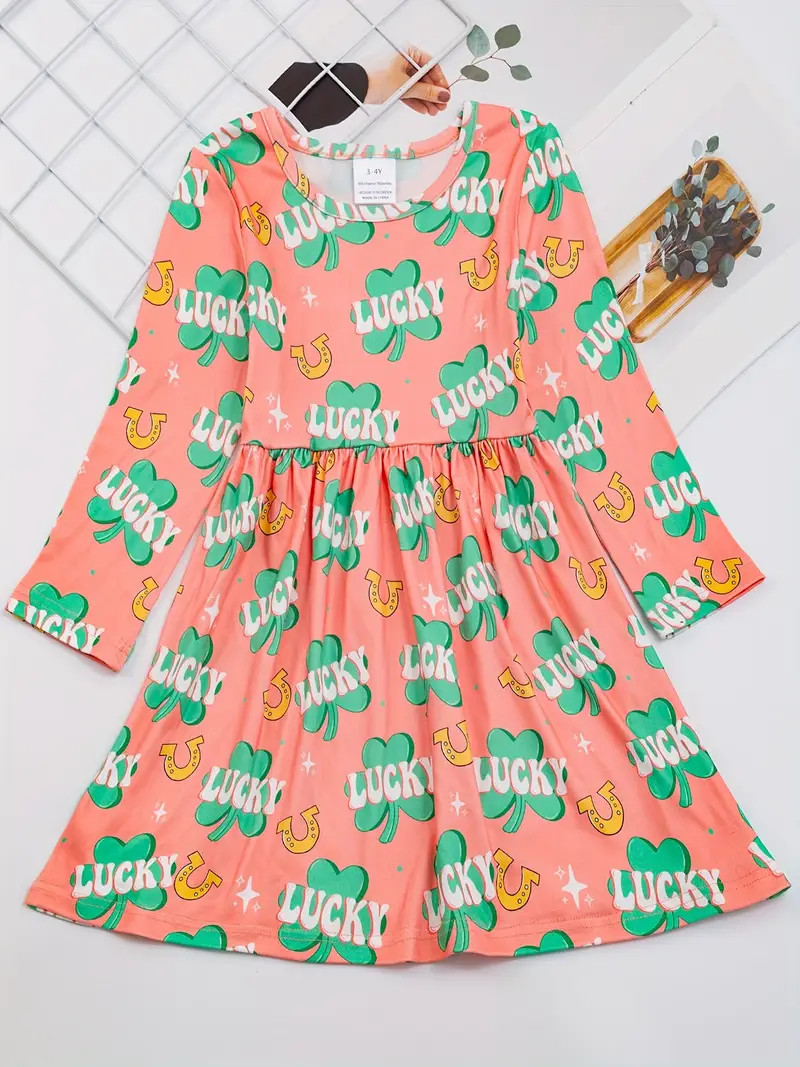 Girls Casual Clover Graphic Crew Neck Long Sleeve Dress - Temu | Temu Affiliate Program