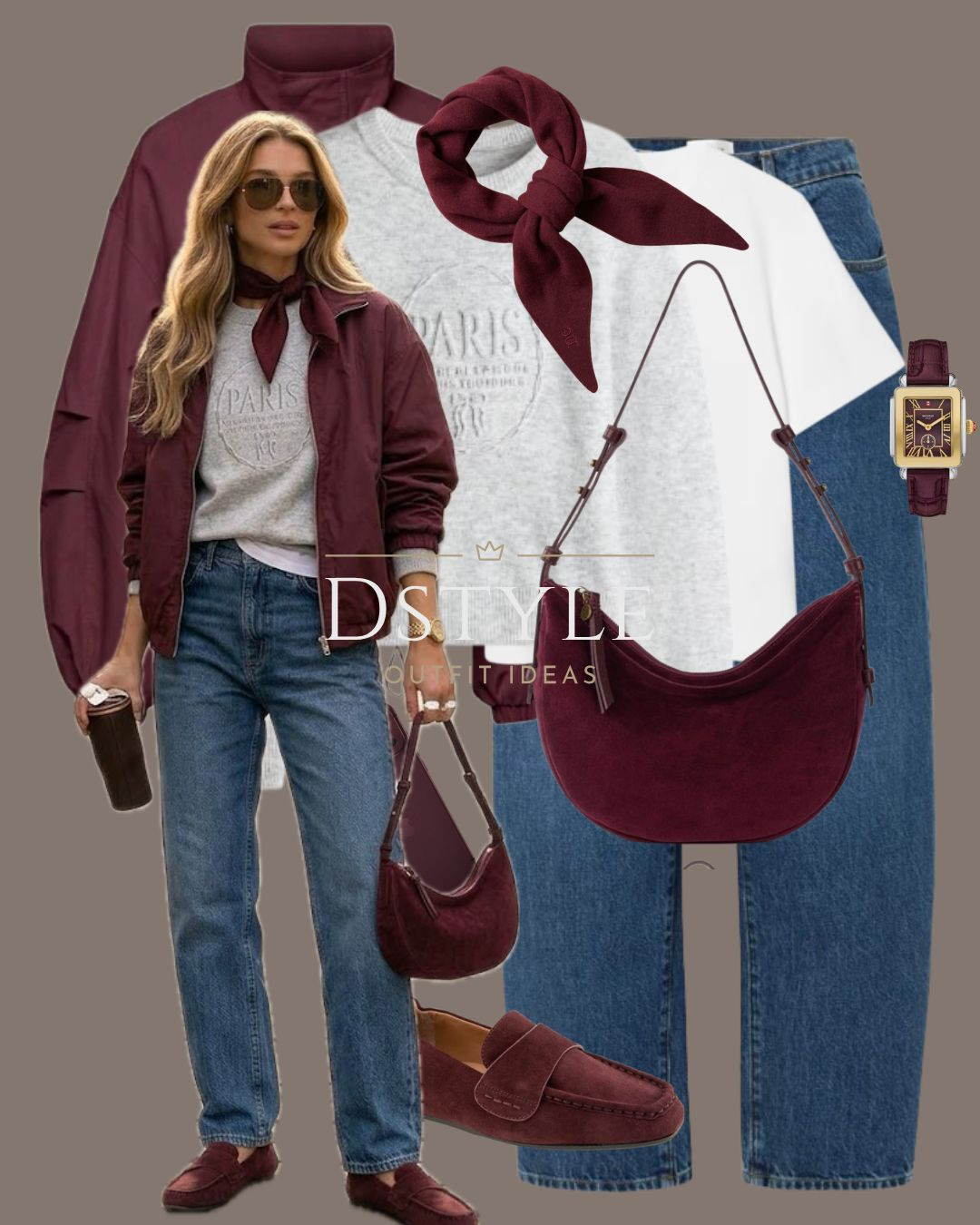 Deep burgundy accents for a bold seasonal refresh. 
tags: Burgundy Jacket, Suede Loafers, Neck Scarf, Straight Leg Denim, Color Pop Outfit, Paris Graphic Sweatshirt

#LTKootd