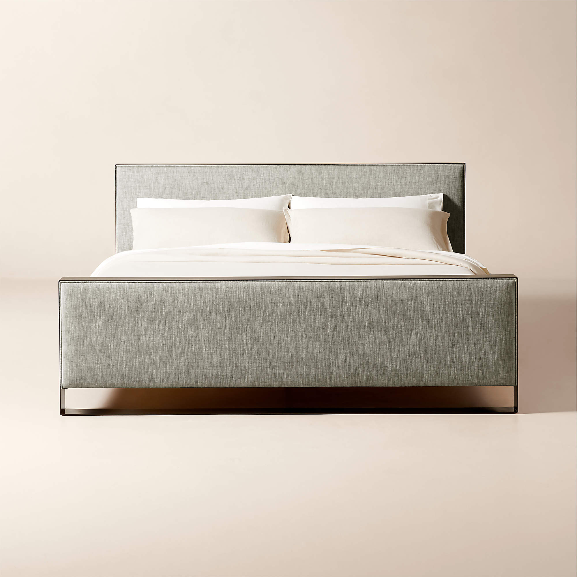 Panora Warm Grey Upholstered and Black Metal King Bed + Reviews | CB2 | CB2