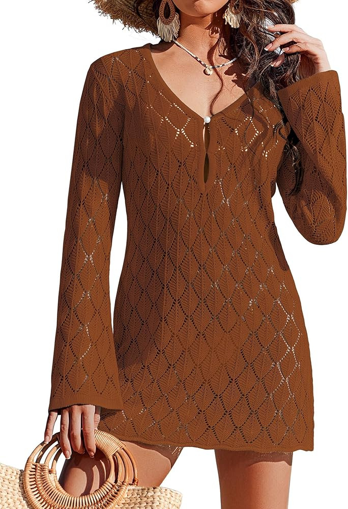 Ekouaer Swimsuit Coverup for Women Crochet Beach Cover Up Hollow Out Long Sleeve Cover Ups 2026 S... | Amazon (US)