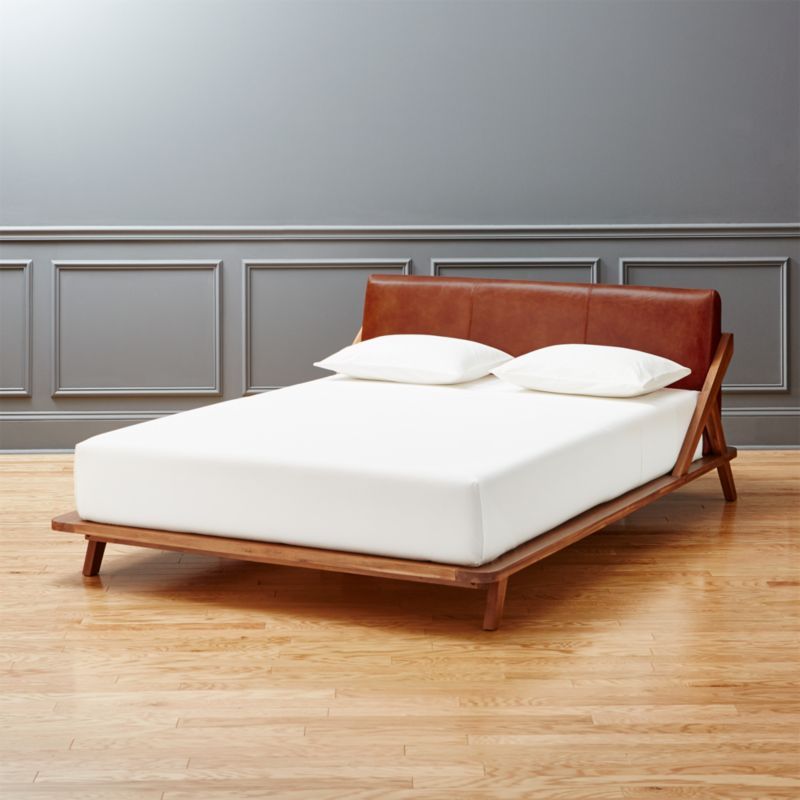 Drommen Acacia Queen Bed with Leather Headboard + Reviews | CB2 | CB2