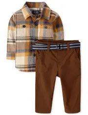 Baby Boys Dad And Me Long Sleeve Plaid Flannel Button Down Shirt And Belted Woven Chino Pants 2-P... | The Children's Place