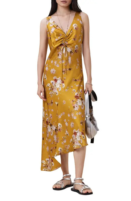 AllSaints Alexi Floral Print Slipdress in Armada Deep Yellow at Nordstrom, Size 0 Us | Nordstrom