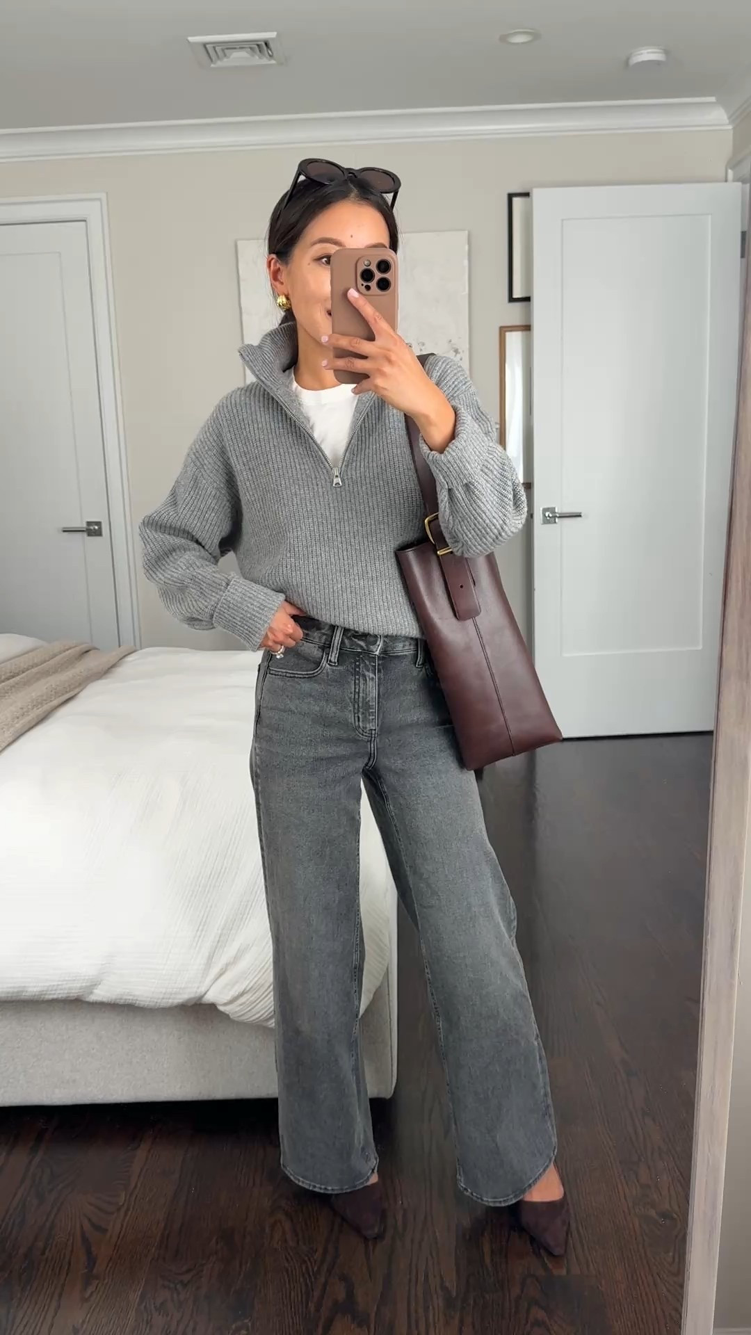 These popular $50 jeans are restocked in short in blue! Linked below 

• Quince Bella stretch wide leg jeans size 24 x 28 inseam perfect fit for petites with stretch. I can wear 28” with flats and sneakers 

• cashmere quarter zip sweater xs
Also linked lower priced merino wool version 

• Everlane box cut tee xs size up

• Madewell essential bucket tote easily fits my laptop

• Sam Edelman slingback kitten heels 5.5

• Madewell oval sunglasses

Fall outfit, petite friendly, outfits with denim, mom style 

#LTKPetite #LTKWorkwear #LTKSeasonal