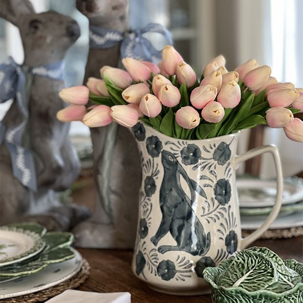 Hand Painted Rabbit And Flowers Pitcher | Antique Farm House