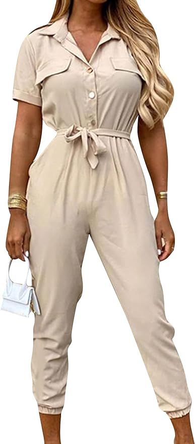 YMING Womens Lapel Collar Short Sleeve Jumpsuit Summer Casual Romper Plus Size Overalls with Belt | Amazon (US)
